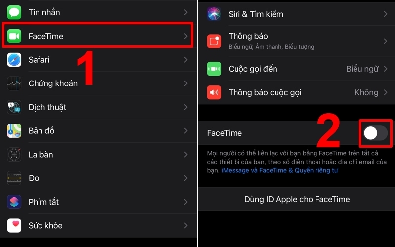 Chọn FaceTime v&agrave; tắt FaceTime trong C&agrave;i đặt
